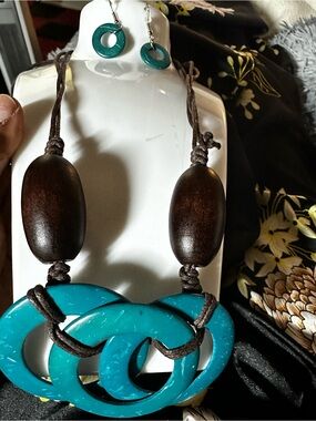 Handcrafted Teal Wood and Resin Statement Necklace with Matching Earrings